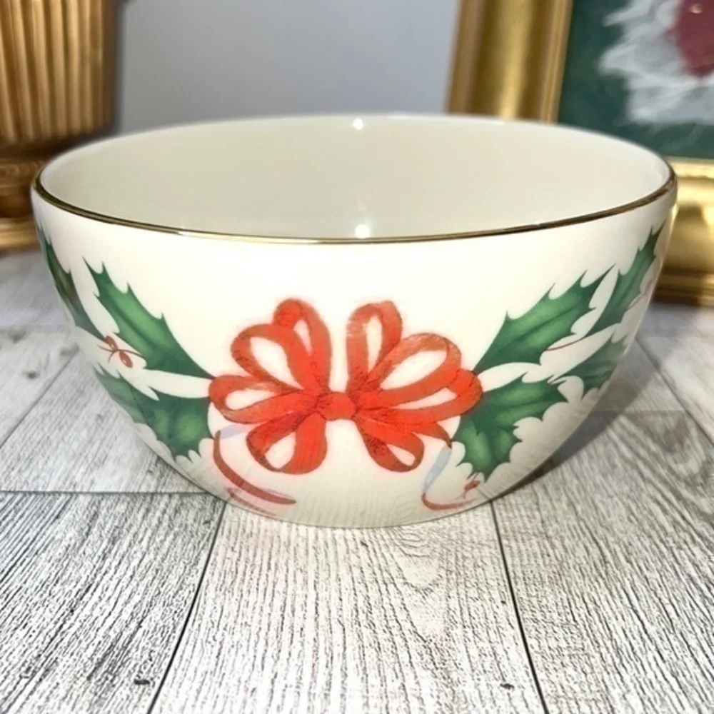 Lenox American By Design Holiday Bowl Green Holly & Red Ribbon Gold Trim